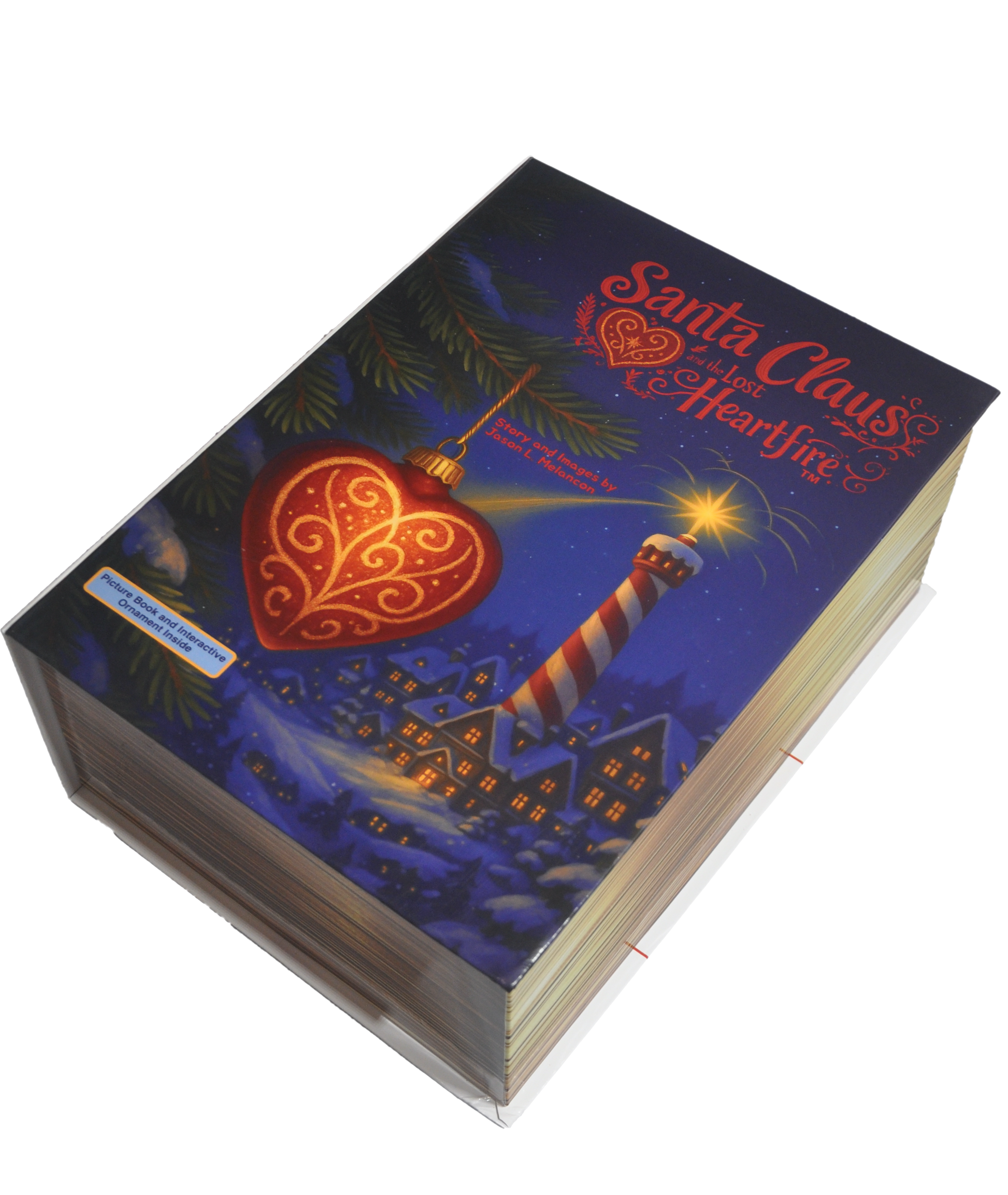 Book titled 'Santa Claus and the Lost Heartfire' with a festive cover design on a white background