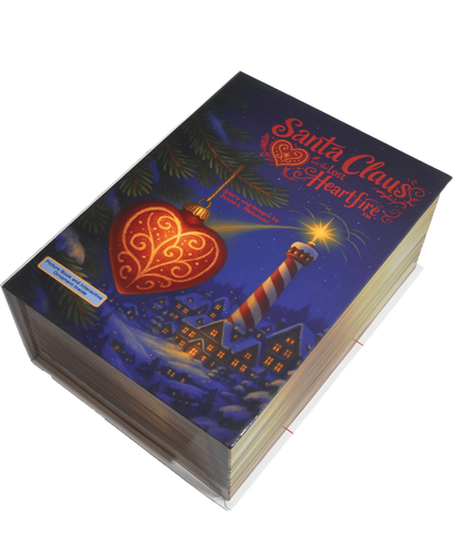 Book titled 'Santa Claus and the Lost Heartfire' with a festive cover design on a white background